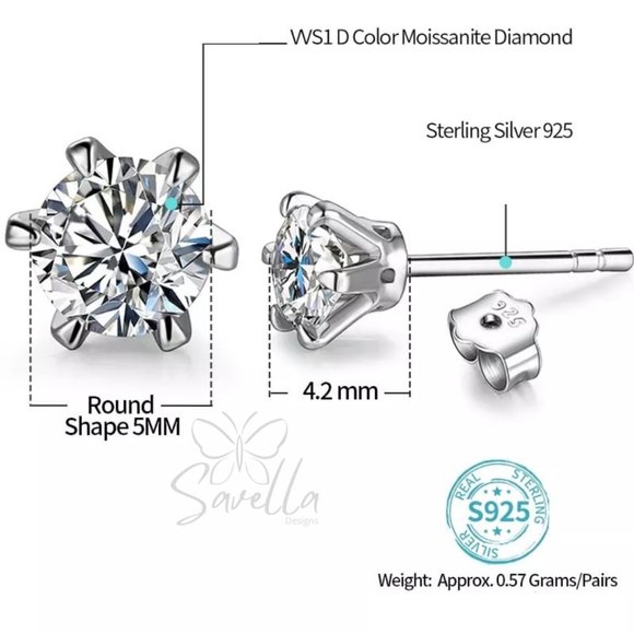 1.0CT Green Certified VVS1 Moissanite Diamond Sterling Silver Stud Earrings - Picture 3 of 3